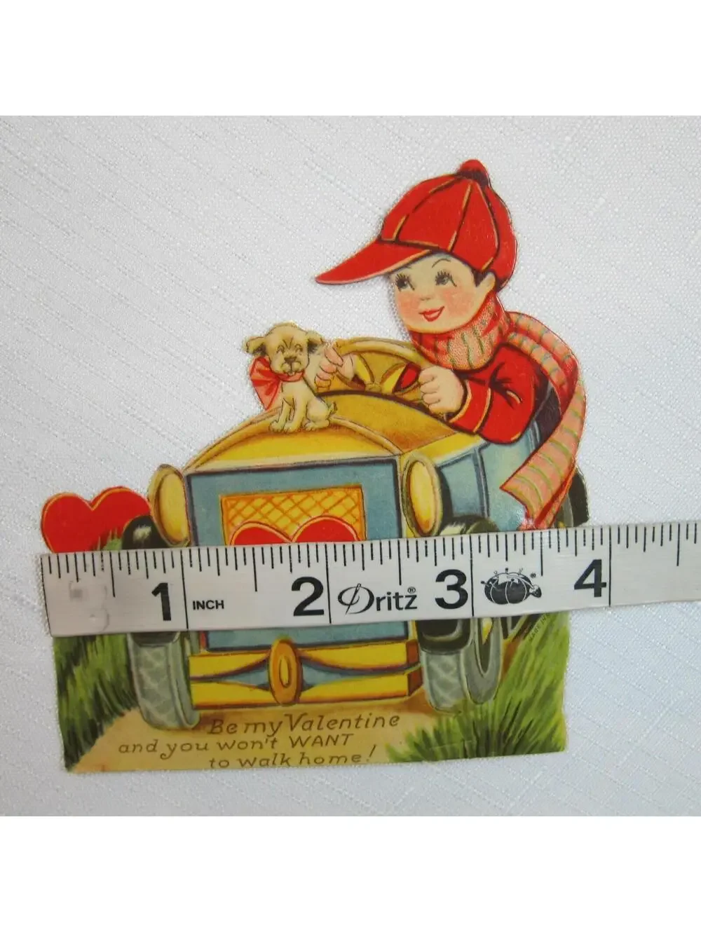Vintage Valentine Die Cut Boy Driving with Puppy Dog Stand Up Germany 1920s-30s